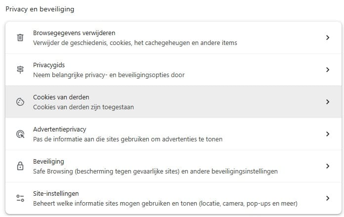 Instellingen cookies van derden
